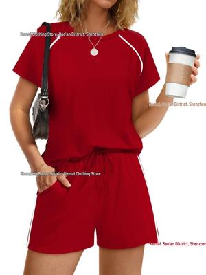 2026 Spring/Summer Women's Stretch Sport Casual Two-Piece Set - Round Neck Short Sleeve Top & Shorts