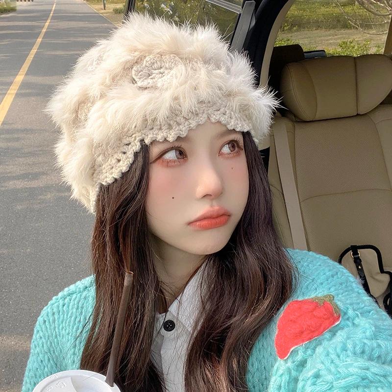 

Шапка из натурального кроличьего пуха Женская Осенне-зимняя Дорожная в Западном Сычуане Универсальная Теплая и Холодная Шапка Цветочная Вязаная Шапка Шапка с крючком one size