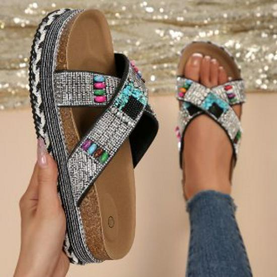 2026 Summer Plus-Size Colorful Rhinestone Wedge Flip-Flops for Women