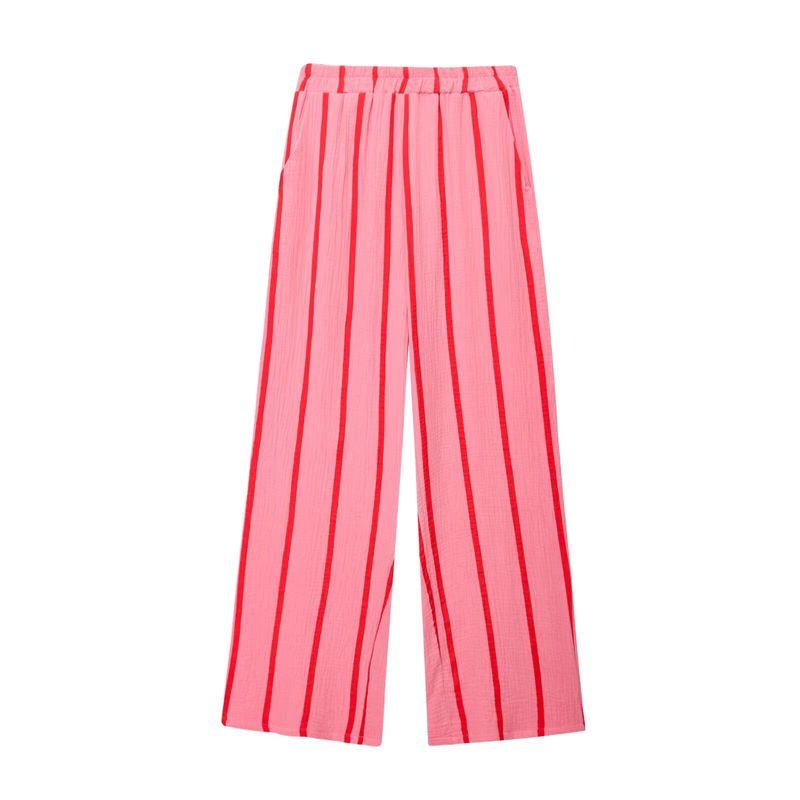 Kaslead New Arrival Women's Clothing Fashion Style Stripes Bubble Cotton Loose Casual Shirt Pants Suit