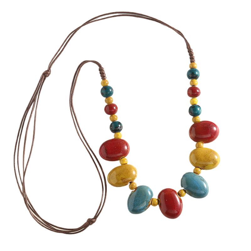 Cobblestone Shape Ceramic Bohemia Bead Necklace Vintage Pendant Jewelry Accessory