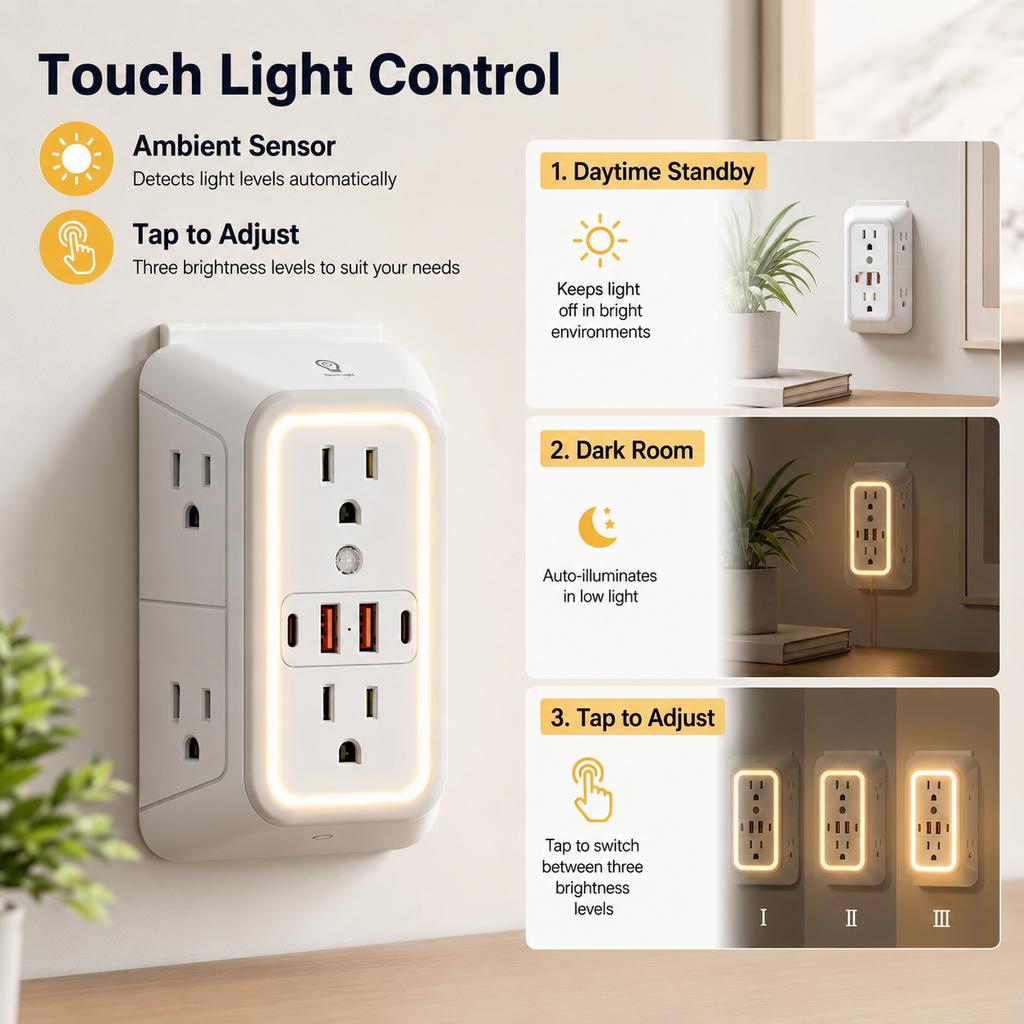 10-in-1 Outlet Extender with Night Light, 6 AC Outlets, 2 USB-C & 2 USB-A, 1050J Surge Protector, 3-Sided Multi Plug Adapter