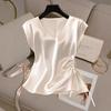 Women V Neck Cap Sleeve Side Drawstring Ruched Satin Blouse
