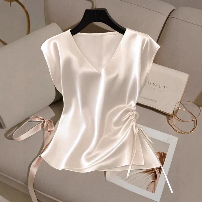 Women V Neck Cap Sleeve Side Drawstring Ruched Satin Blouse