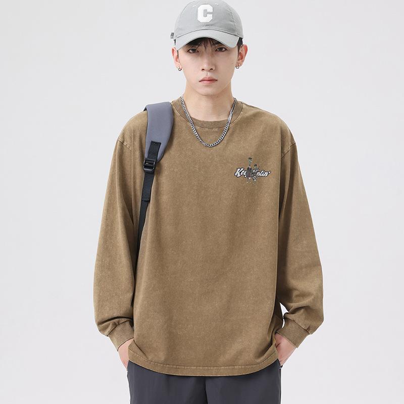 

Футболка с длинными рукавами из плотного хлопка в стиле ретро, модная мужская футболка с принтом, свободный свитер с круглым вырезом, осенний тренд 3XL кофейный