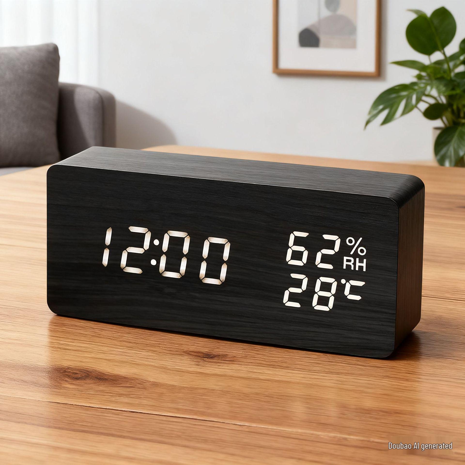 Nordic Multifunctional Wooden Alarm Clock with Temperature, Humidity, Timer, and Silent Night Light for Student Bedrooms