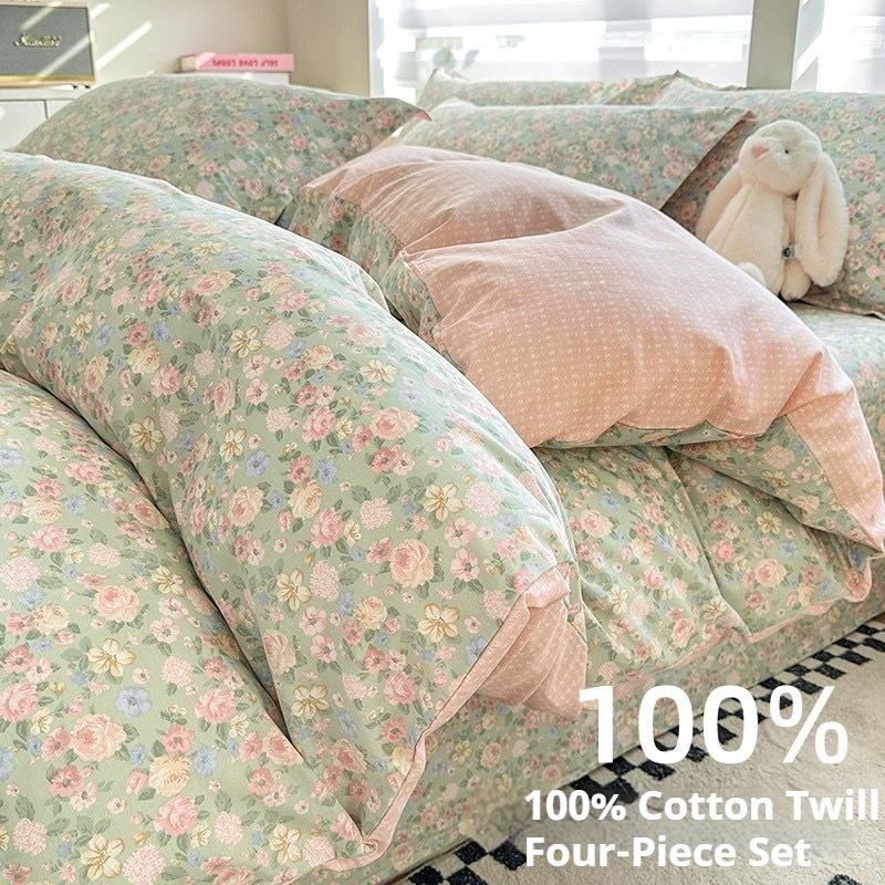 100% Cotton Bed Four-piece Set Skin-friendly Breathable Quilt Cover Bed Sheet Pillowcase Set Pastoral Small Flower