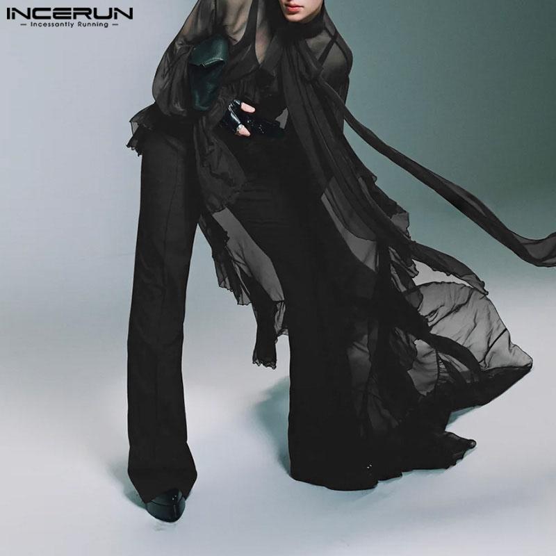 INCERUN Men Tie Up Neck Long Sleeve Ruffled Irregular Layers Mesh Long Tops Party Clubwear T-shirts