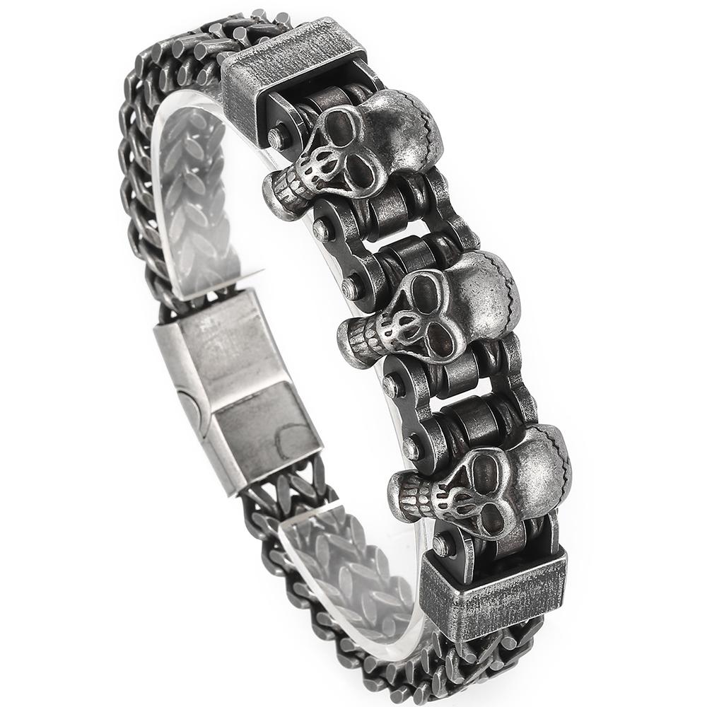 

Мужские браслеты в стиле стимпанк с головой черепа, винтажные черные из нержавеющей стали, мужской браслет на руку с магнитной застежкой, готические байкерские украшения 18cm
