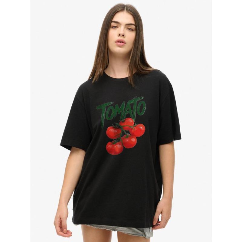 

Oversized T Shirt Black Tomato Print With Cherry Tomatoes And Text For Casual Wear XXXL чёрный