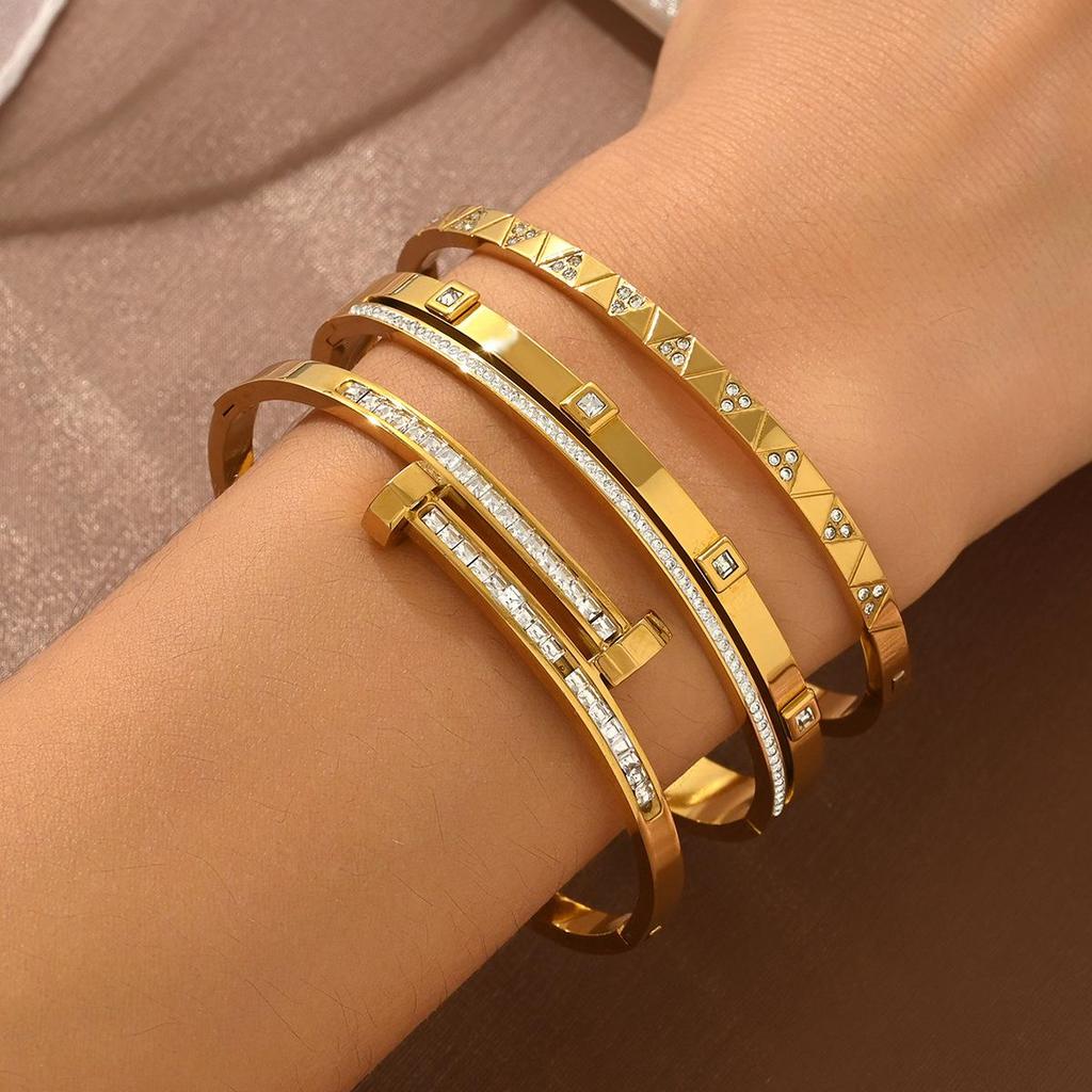 European & American Fashion Titanium Steel Double-Head Square Diamond Flower Open Cuff Women's Bracelet