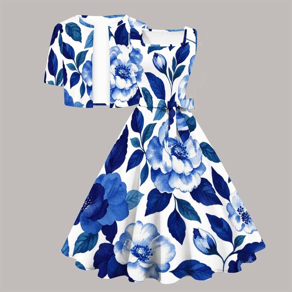 Women Plus Size Two Piece Set Floral Leaf Printed Square Neck Sleeveless Tie Waist Flared Dress With Short Sleeve Cropped Shrug