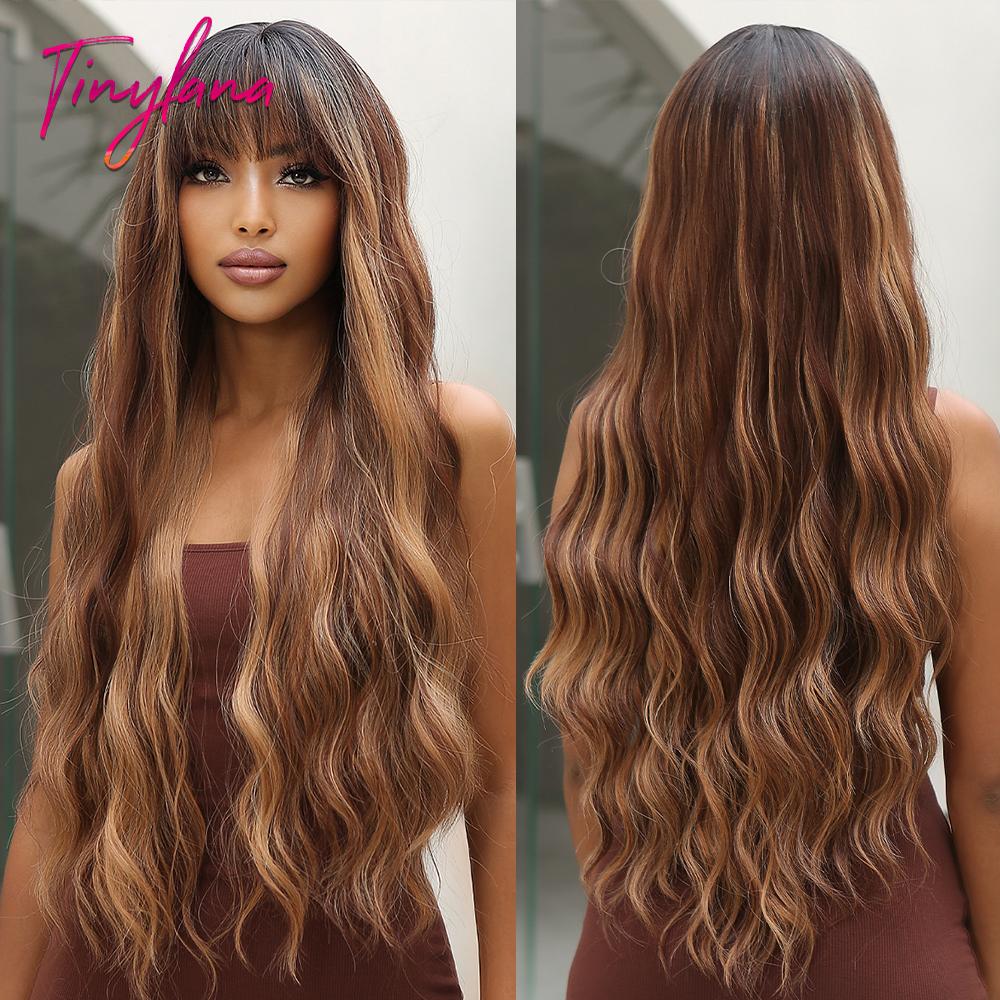 Lang Golvend Bordeaux Donkerrood Synthetisch Haar Pruiken met Pluizige Pony voor Vrouwen Wijnrood Body Wave Halloween Cosplay Natuurlijke pruik