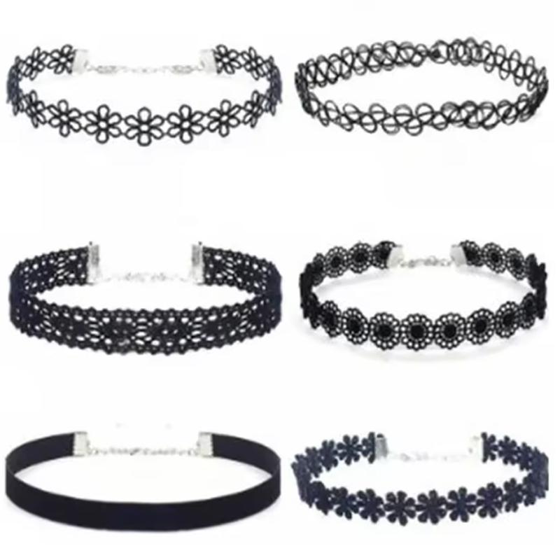 6Pcs/Set Black Lace Chokers Necklace Set Vintage Gothic Punk Elastic Necklace Women'S Jewelry Adult/Child Size