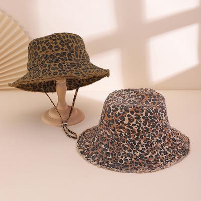 Korean Retro and Fashionable Leopard Print Fisherman Hat, Casual and Versatile, Adjustable Frilled Brim with Rope Basin Hat