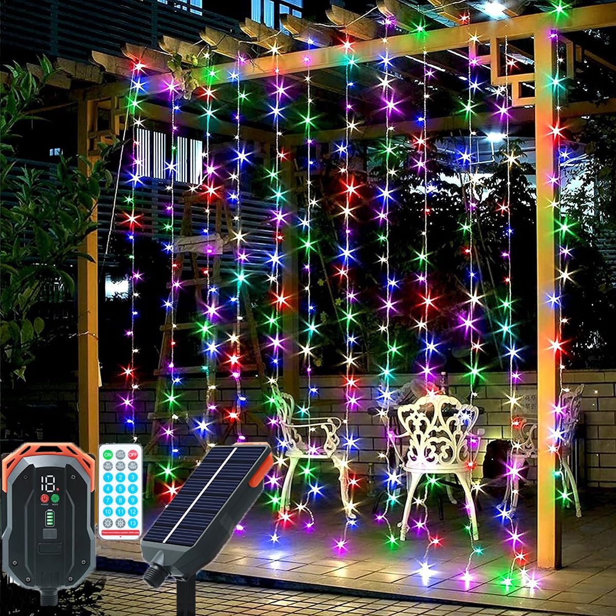 

V-Dank LED Solar Illumination Lights, Christmas Decorations, Solar Curtain Lights, 3M2M, 200 LEDs, Timer Function, Remote Control, Adjustable