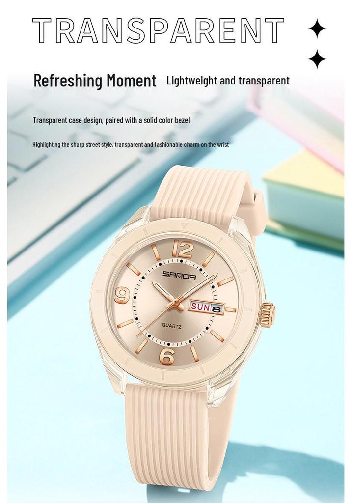 Orologio Sanda Dual Calendar al Quarzo da Studente con Lancette Luminose, Impermeabile, alla Moda, Cassa Rotonda Trasparente