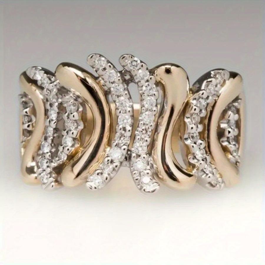 Luxury Twist Wavy Ring Gold Color Cubic Zirconia Wide Band Ring Elegant Daily Wear Party Statement Jewelry for Women Accessories