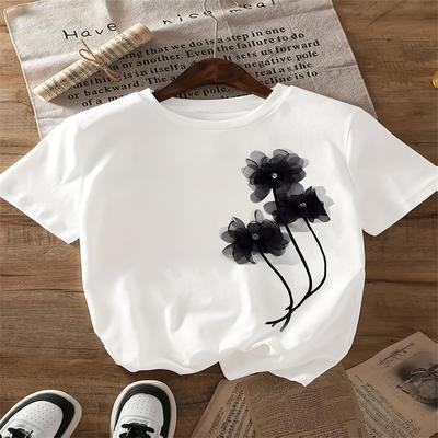 Verão Gola Redonda Estampa Floral Top Fashion Casual Algodão Puro Manga Curta Camisetas Femininas