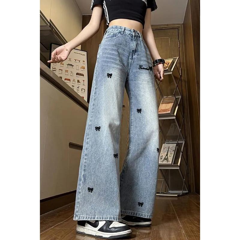 New American Style Jeans for Women Trendy Versatile High-waisted Slimming Loose Flesh-covering Straight Wide-leg Casual Trousers