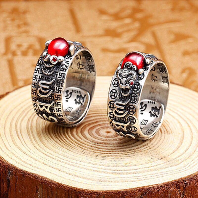Personality Retro Silver Plated Six Word Truth Ring Gold for Toad Stamper Heart Sutra Ring Men Women Wealth Lucky Jewelr