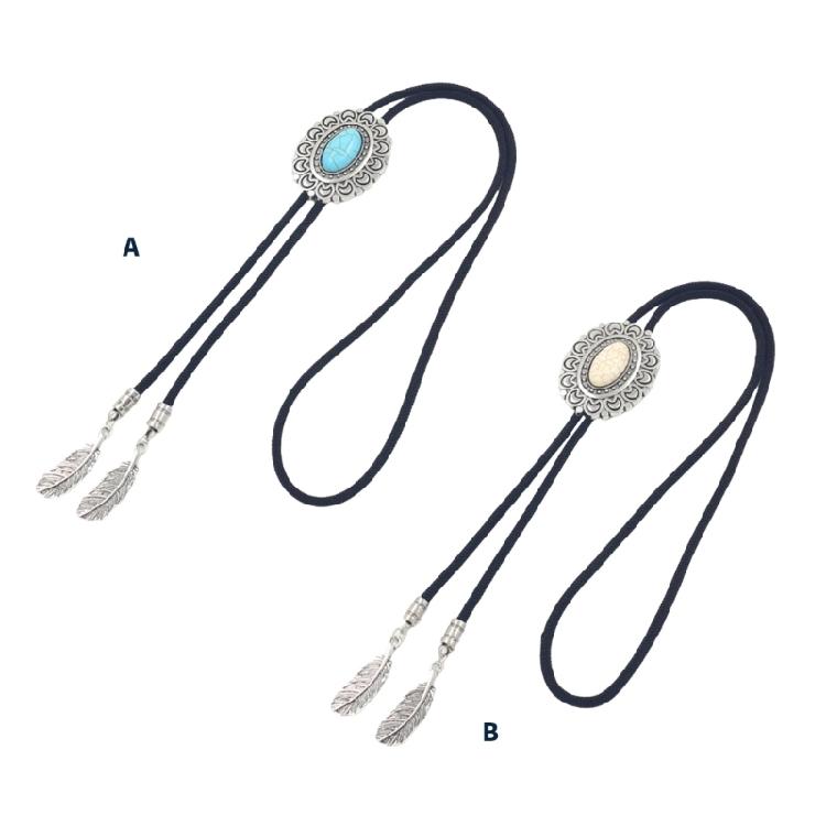 Bolo Tie for Men and Women Western Fashion Accessory with Metal Flower Turquoises Stone Accent Braided Necktie Necklace