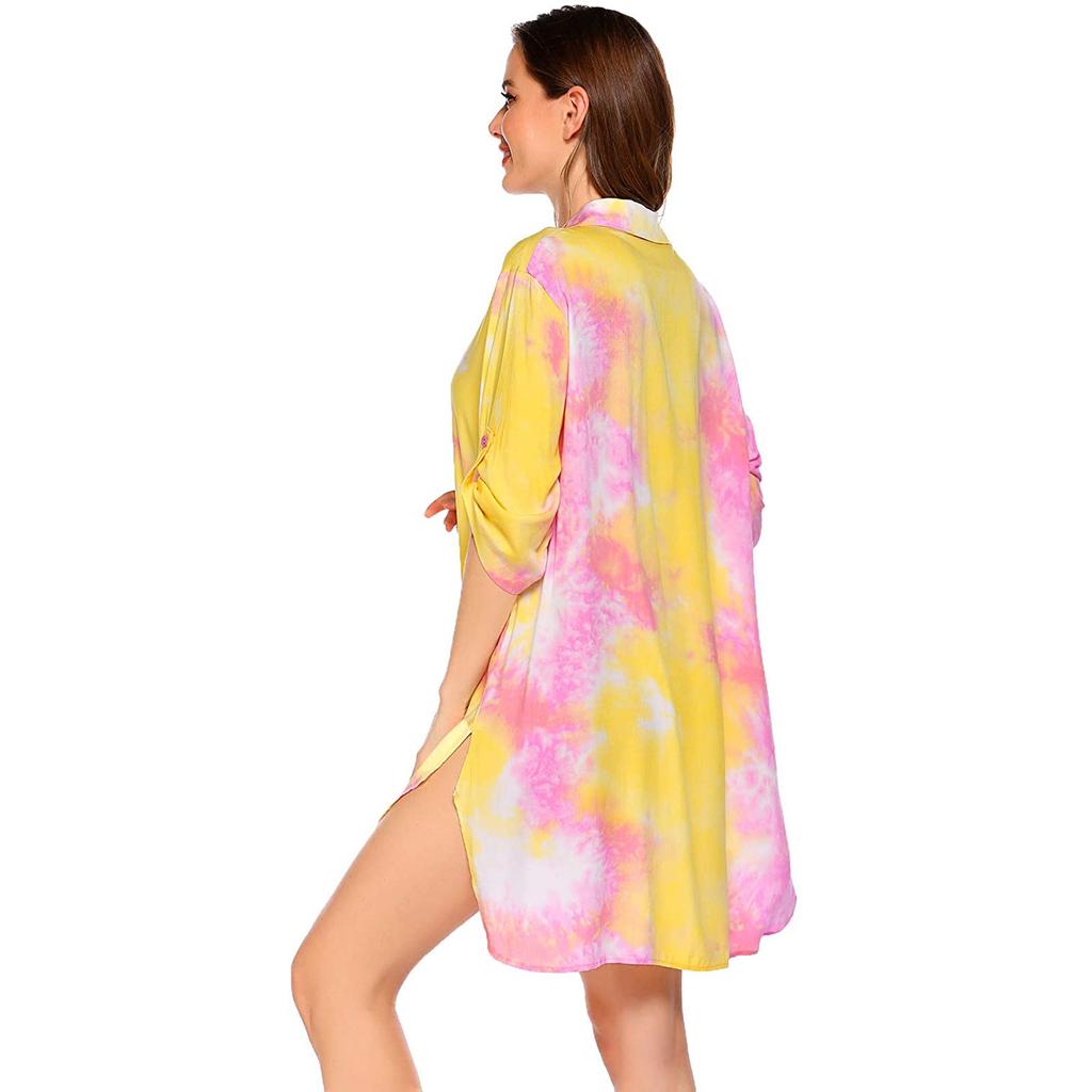 Women Beach Cover Up Shirt Dress Lightweight Swimwear Cover Up for Bikini Beachwear Long Sleeve Casual Summer Tunic Dress