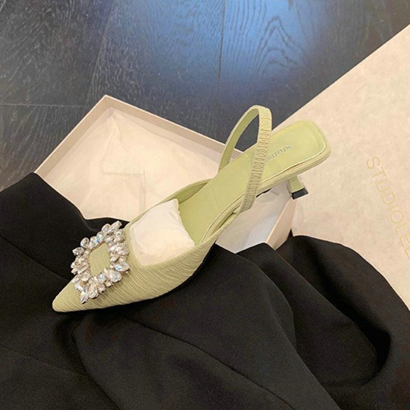 Fashion Square Buckle Rhinestone Pointed Shallow Mouth Single Shoes Women'S High Heel Thin Bun Head Back Empty Strap Sandals