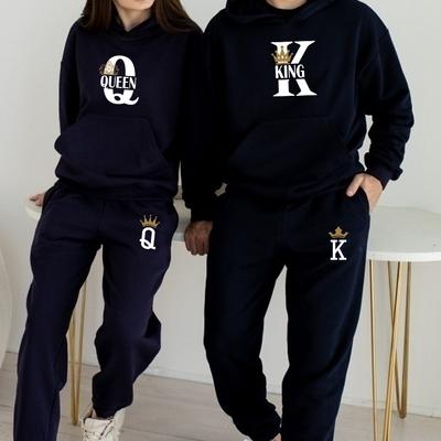Liebhaber-Trainingsanzug, KÖNIG oder KÖNIGIN, bedruckt, Frühlingsherbst, Hoodies und Hosen, 2-teiliges Set, modisches Paar, Sportbekleidung, Damen- und Herren-Outfit