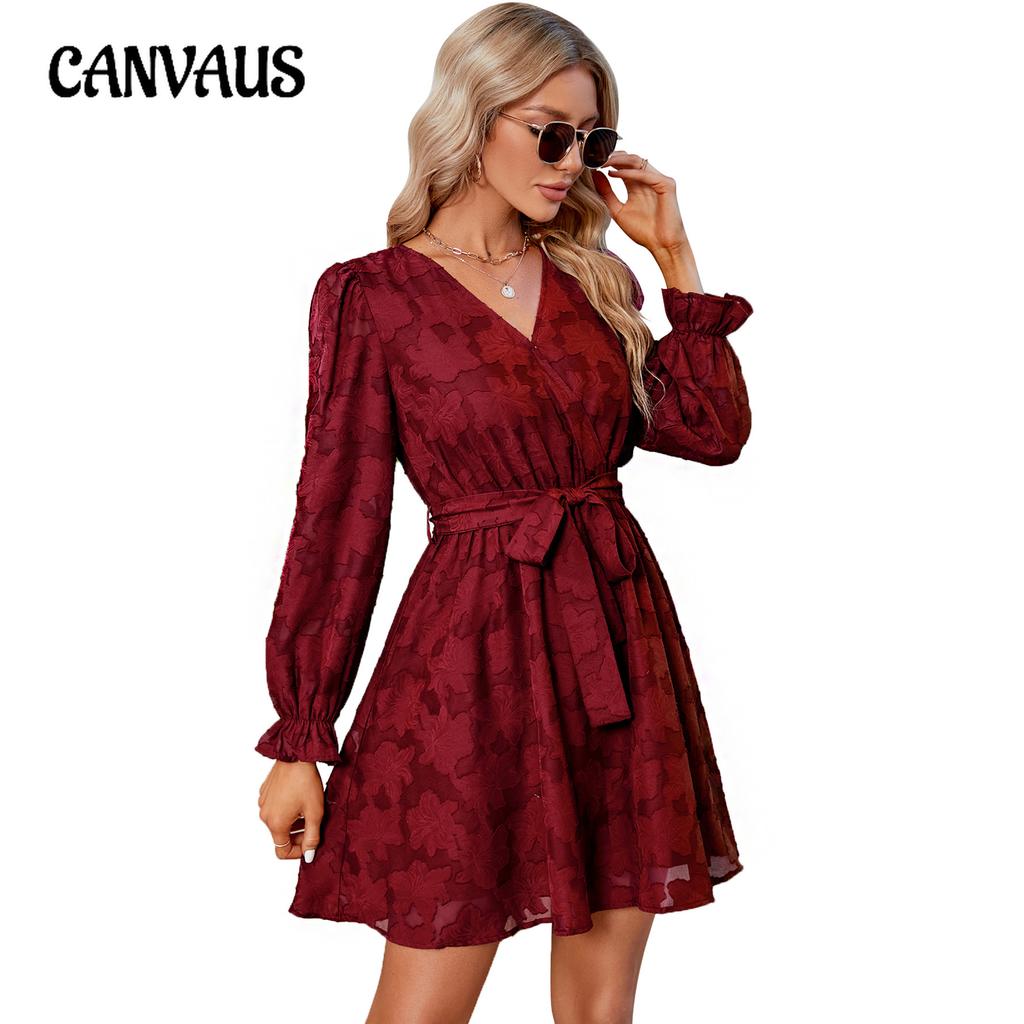 Jarní a podzimní dámské šaty Krajkové šaty Koktejlový večírek Svatební šaty s výstřihem do V Šaty s dlouhým rukávem, pasem s kravatou