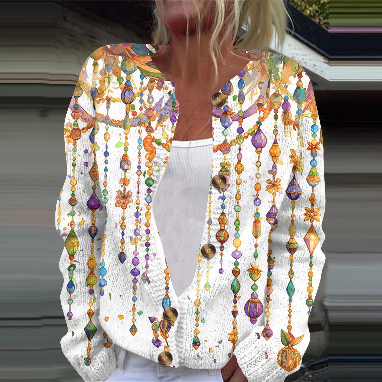 

Women s Fashion Printed Long Sleeve Knitted Cardigan Button Down Jacket M