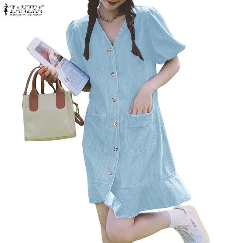 ZANZEA Women Casual V-Neck Loose Summer Short Sleeve Dress
