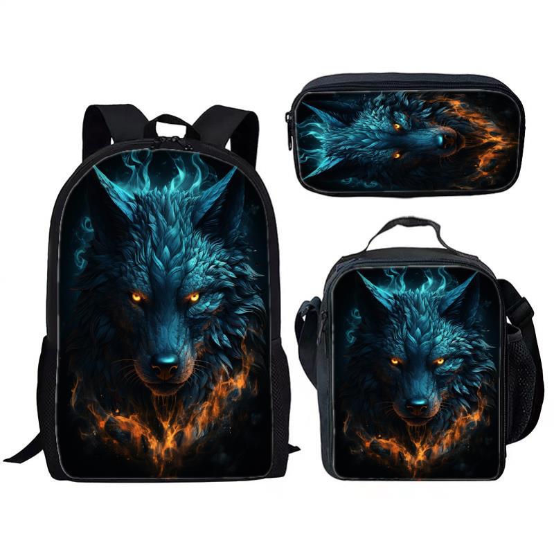 Animal Wolf Three Piece Set for Children and Elementary School Students, Large Capacity Backpack, Meal Pack, Pen Bag