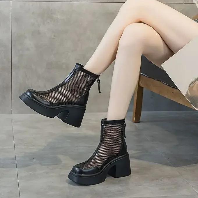 Women Fashion Boots 35-40 New Mesh Hollow Breathable Zipper High-heeled Short Boots Summer Thin Section Of The Short Cold Boots