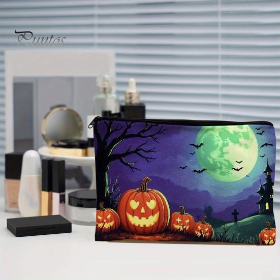 Large Capacity Pencil Bag Halloween Storage Bag, with Pumpkin Ghost Pattern Design, Thickened Stylish Travel Toiletry Organizer Canvas Cosmetic