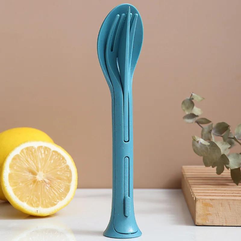 3 in 1 Tragbares Besteckset Reise Wiederverwendbares Besteckset Japanischer Stil Weizenstroh Messer Gabel Löffel Geschirr Küchengeschirr