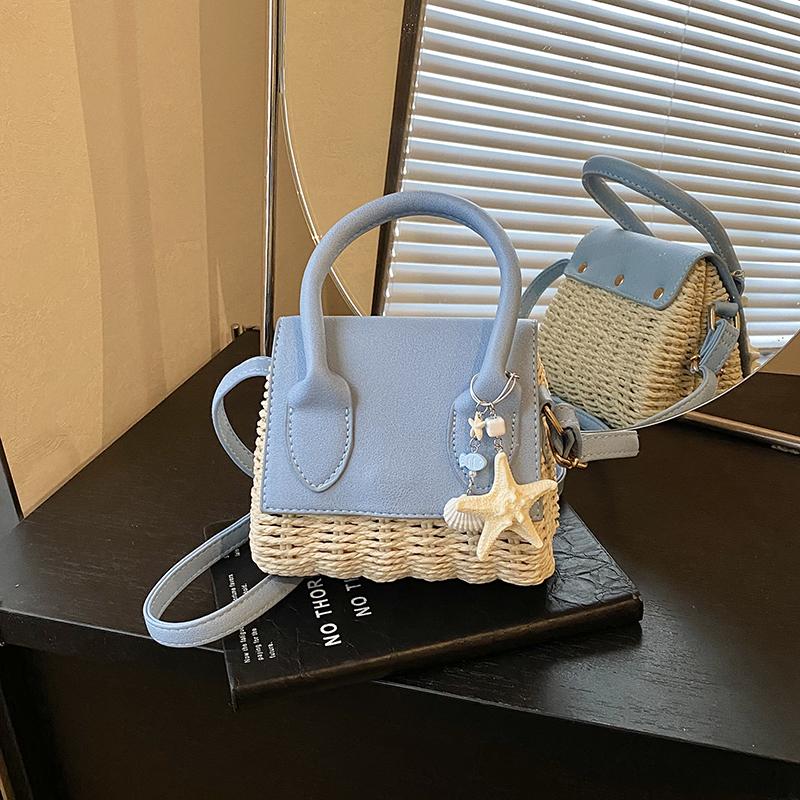 Fashi Boho Cute Straw PU Shoulder Bag for Women Starfish Charm Woven Top Handle Bag Summer Beach Vacati Raffia Crossbody Bag