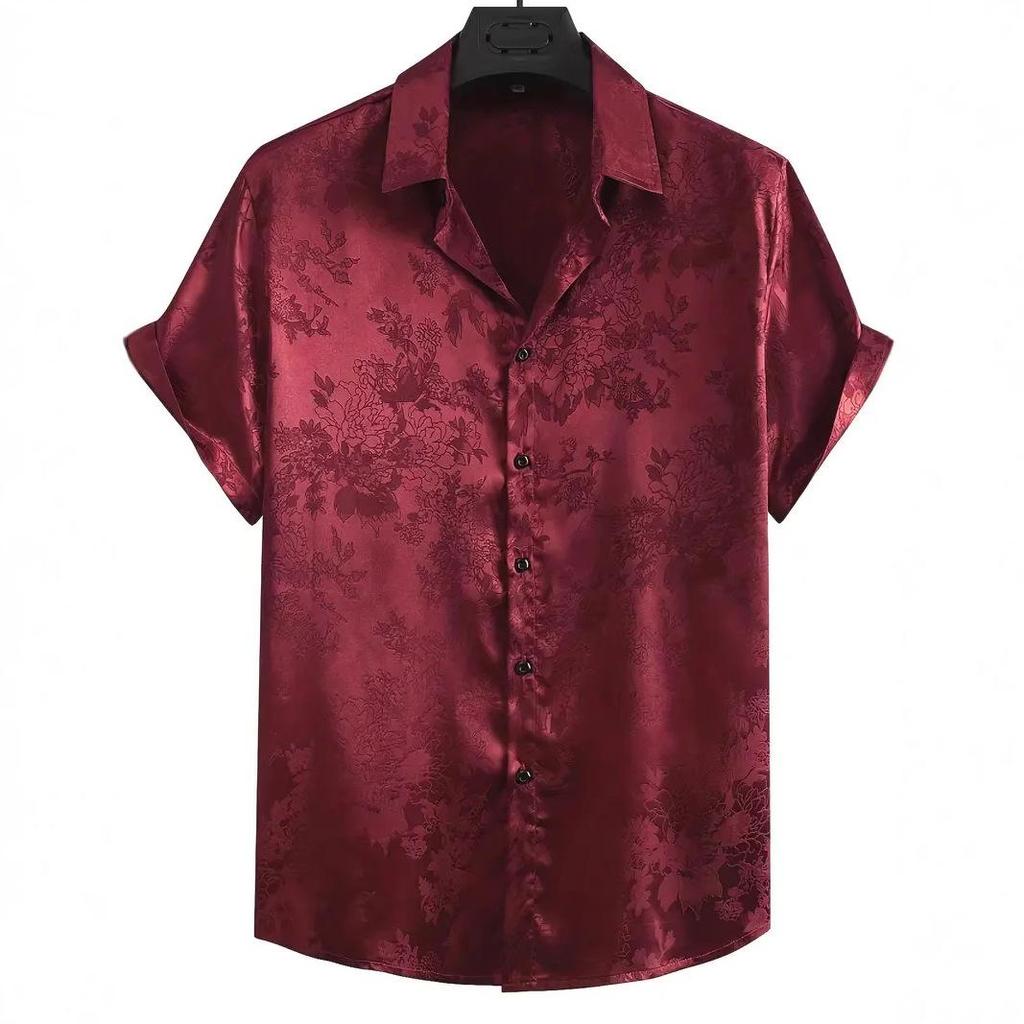 Men's 2025 Fashion Satin Jacquard Short-Sleeve Solid Color Lapel Shirt