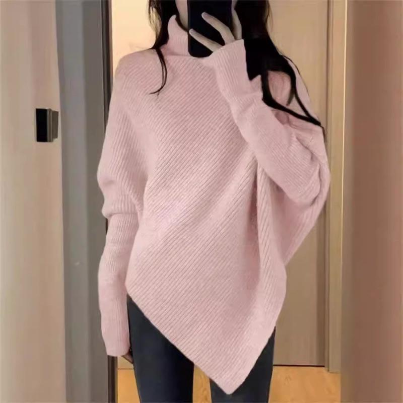 Women's Pure Wool Thickened Turtleneck Sweater, Irregular Loose Knit, Cozy Autumn/Winter Style