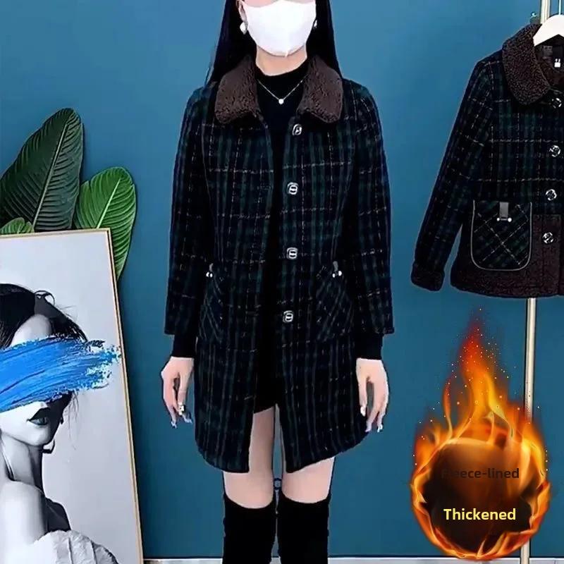 Elegant Thickened Fleece-lined Medium-length Autumn Winter Jacket for Women Slimming Mother's Warm Coat