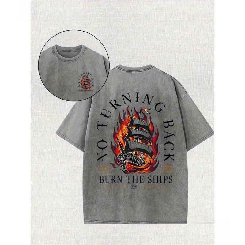 Washed Cotton Pirate Ship Pattern T-shirt - Loose Street Style "Turning Back Burn The Ships" Print, Four Seasons Outdoor Casual Shirt and Gift