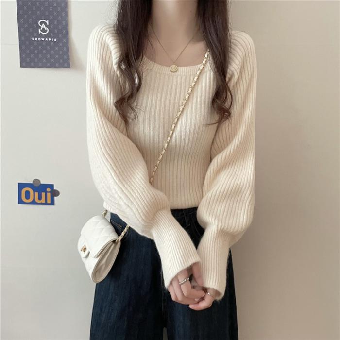 2023 Autumn Women's Versatile Soft Knit Sweater - Square Neck Long Sleeve Top