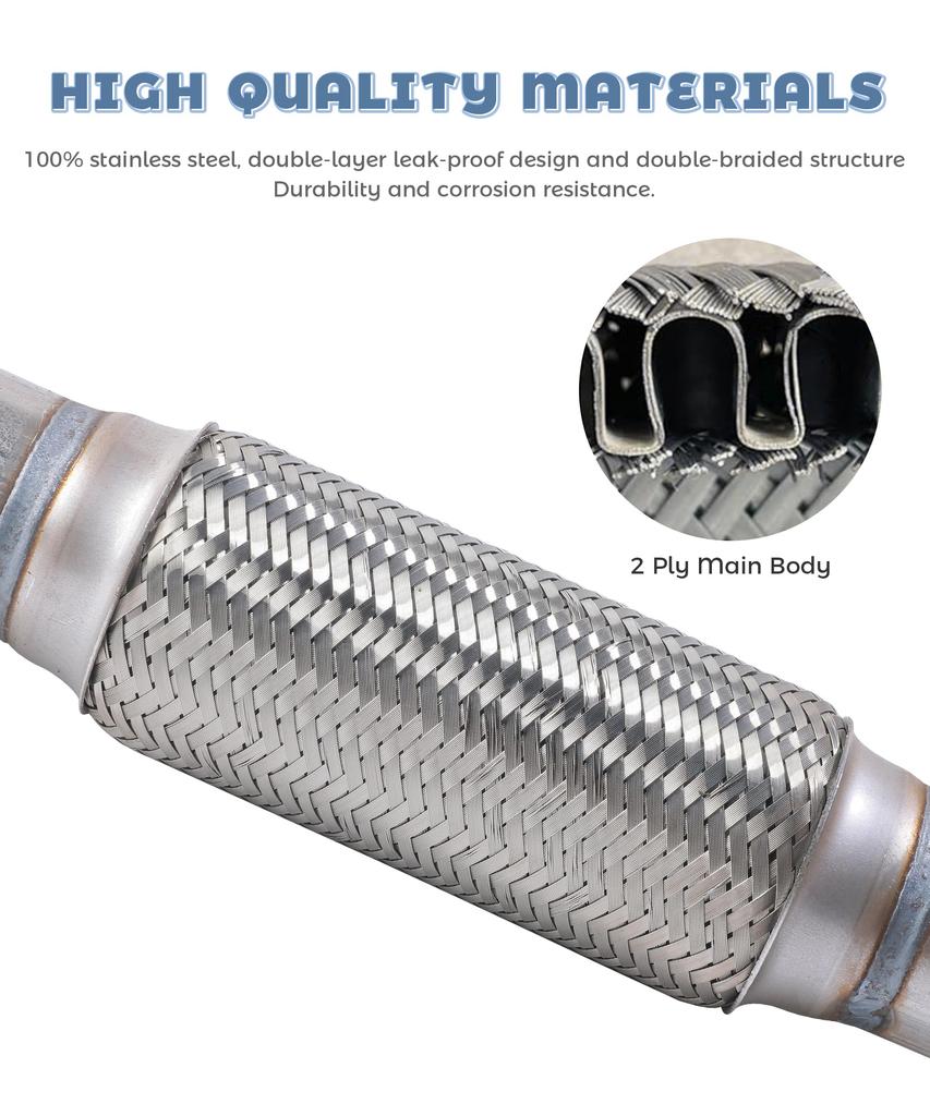 Uitlaat flexibele pijp 2,5 x 8 inch Heavy Duty Roestvrij Staal Demperbuis Vermindert Vibratiegeluid Universele Pasvorm voor Auto's Vrachtwagens SUV's