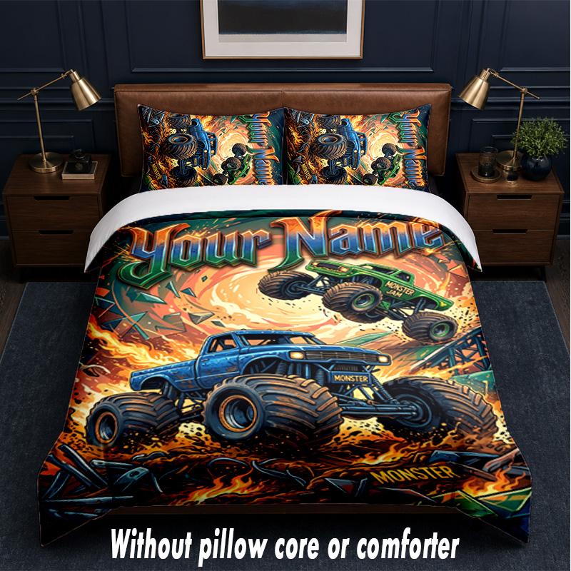 Monster Truck Theme Custom Text Or Name 3Pcs Bedding Set,1 Flat Sheet & 2 Pillowcases Personalized Home Bedding