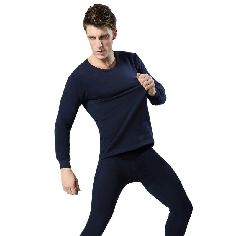 Men's Solid Color Brushed Plus Velvet Thermal Underwear Set for Autumn and Winter