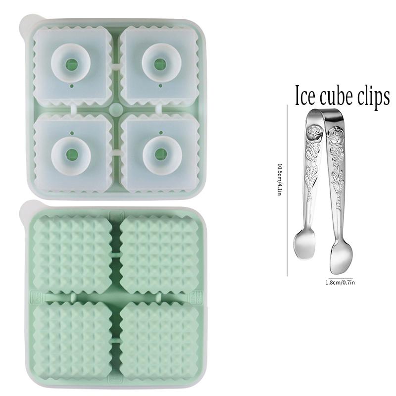 4 Grids Large Ice Cube Molds Silicone Ice Cube Trays with Ice Clips Whiskey Ice Mold Ball Summer Necessary Kitchen Mould