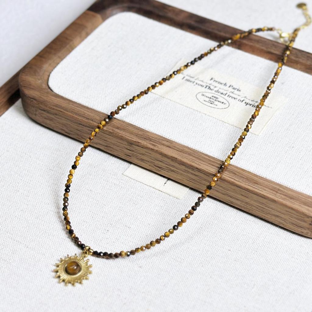 Maillard Style Natural Stone & Pearl Beaded Necklace - Tiger Eye & Pink Rose Choker