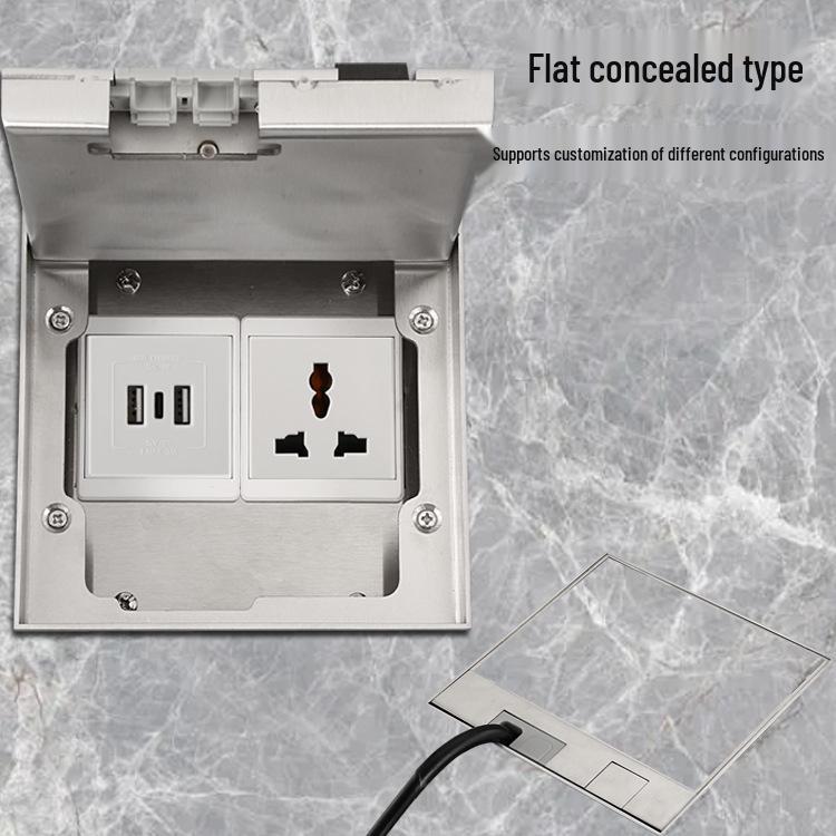 Stainless Steel Marble Style USB-C Floor Socket Box with Flip-top, Euro/German Standard