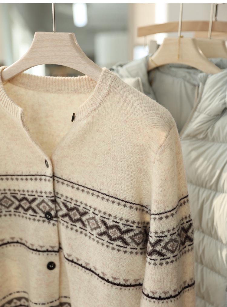 Women's Retro Fair Isle Wool Jacquard Round Neck Loose Cardigan Sweater, Autumn Collection