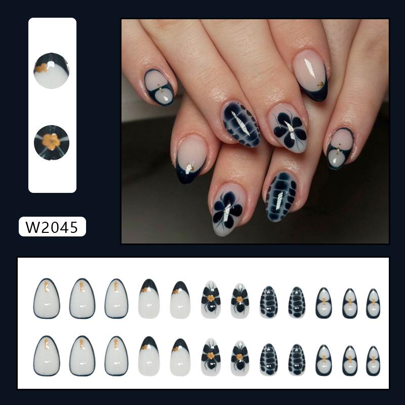 

Temperament retro dark blue French European and American style wearing armor 24 pieces press on nails
